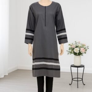 Slate Charm – Grey Lawn Kurta with Black & White Striped Detailing